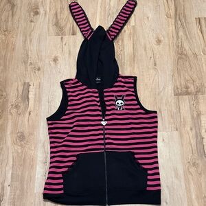 Skelanimal Women’s Striped Pink/Black Hoodie, Lace/Embroidered Details, Size XL